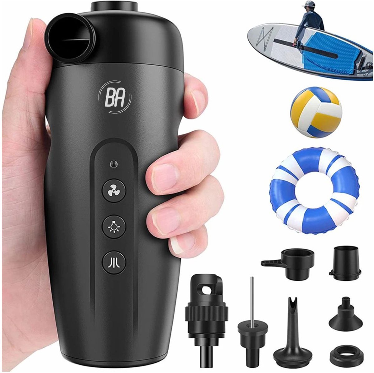 Best Active Draagbare Elektrische SUP Pomp - 20 PSI - 12V - Draadloos & Automatisch - USB-C Oplaadbaar - Opblazen & Leeglopen - 6,2 x 6,2x 15,6 cm - Met 6 Ventieladapters
