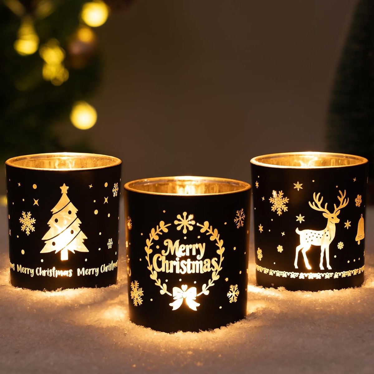 Windlicht van glas - Zwart Goud - 8 x 7,4 cm - Set van 3 Luxe Kerstkandelaars - Voor Feestelijke Tafeldecoratie