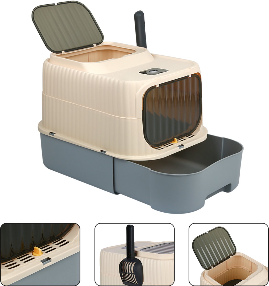 PIPIPOXER Kattenbak met lade -Kattentoilet met Schep - Opvouwbare Gesloten Kattenbak met Lade - - 2 in 1 Open Kattenbak - Kattentoilet - Dubbele ingang/uitgang -37x49x37cm - zwart