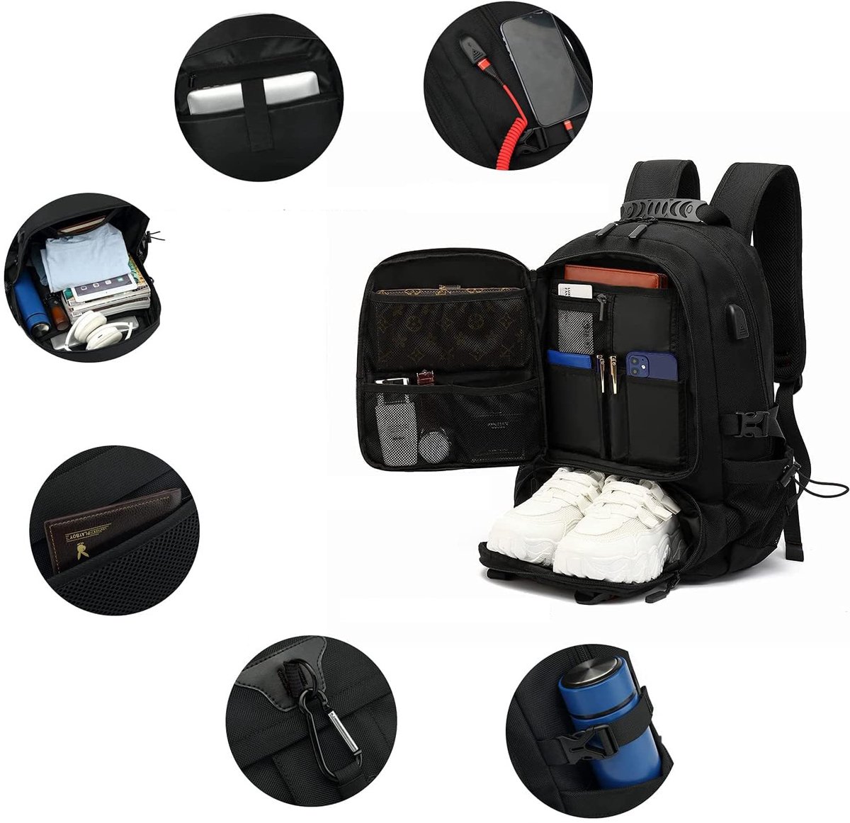 REDOM Rugzak Backpack 60L 32 × 21 × 53 cm – Laptop Rugzak 17 inch – Grote Reis Rugzak met Vakken, USB-aansluiting en Schoenenvak – Voor Werk, School & Reizen – PVC/Polyester – Zwart