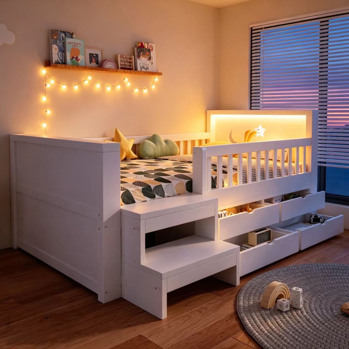 Kinderbed 90 × 200 cm, Eenpersoonsbed, Hoofdeinde Met Opengewerkte Ster- En Maanmotieven, Voorzien Van Lades, Opstapje En Veiligheidshekje, Met Ledverlichting, Multifunctioneel Eenpersoonsbed, Wit