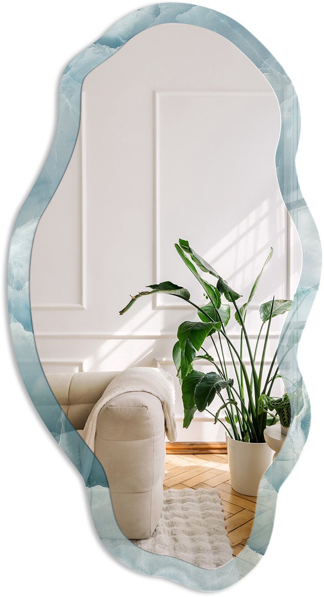 Coloray Zeetextuur Spiegel - Blauw Rechthoekige Spiegel Met Modern Design - Organische Spiegel - Badkamer, Slaapkamer, Woonkamer - Abstract - 45x90 cm - Totale afmeting 52x97 cm Zeetextuur, Blauw