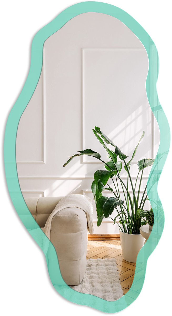 Coloray Sterke Munt Spiegel - Turkoois Elegante Rechthoekige Wandspiegel - Organische Spiegel - Kantoor, Woonkamer - Minimalistisch - 45x90 cm - Totale afmeting 52x97 cm Sterke Munt, Turkoois