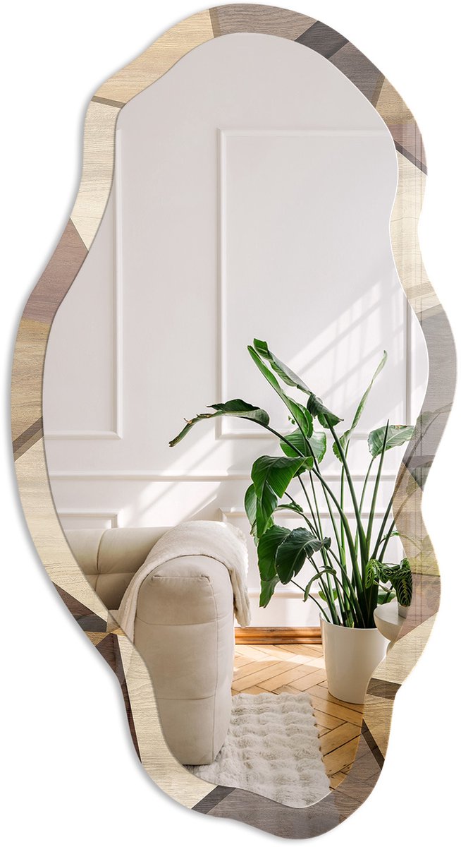 Coloray Houten Geometrie Spiegel - Bruin Elegante Rechthoekige Wandspiegel - Organische Spiegel - Woonkamer, Hal, Kantoor - Geometrisch - 45x90 cm - Totale afmeting 52x97 cm