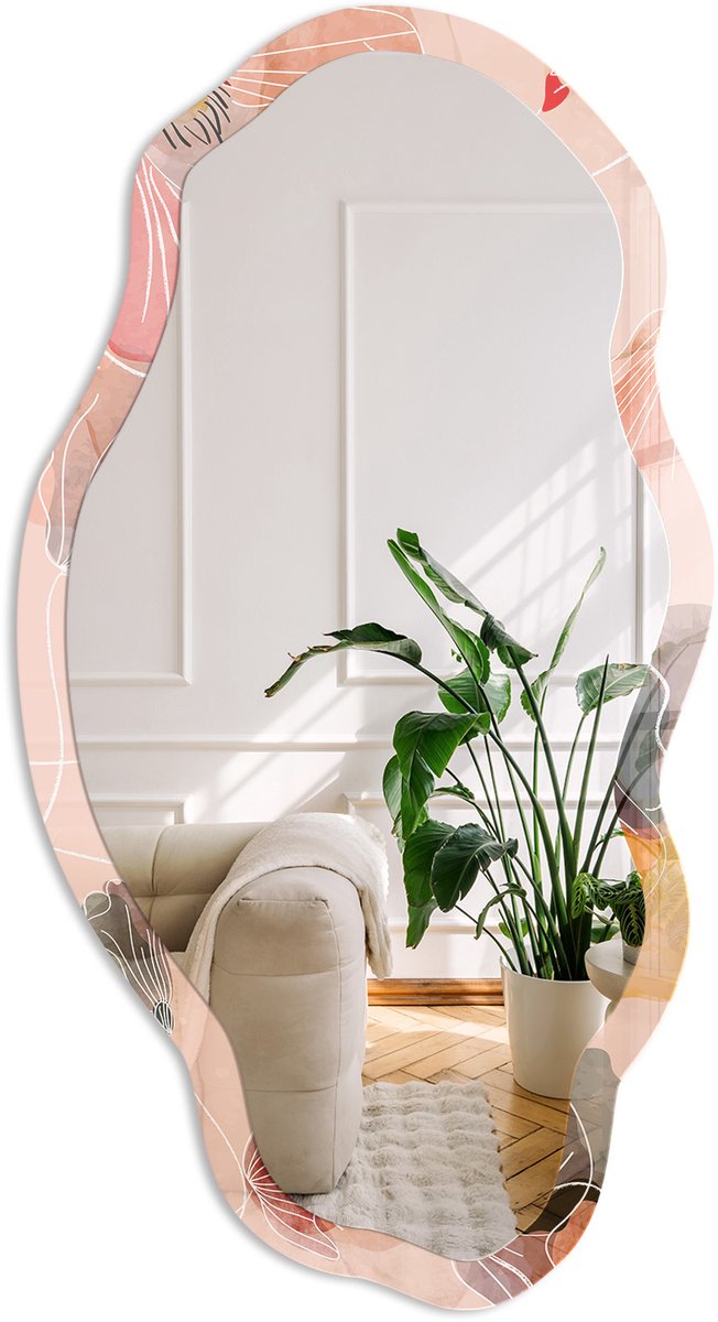 Coloray Plantaardige Elegantie Spiegel - Roze Rechthoekige Spiegel Met Modern Design - Organische Spiegel - Slaapkamer, Woonkamer, Kantoor - Aquarel - 45x90 cm - Totale afmeting 52x97 cm