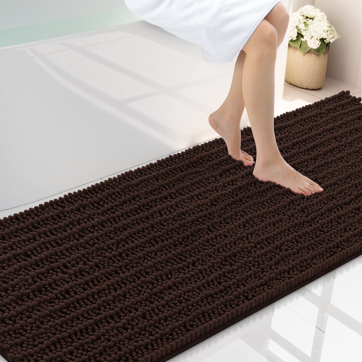 Olanly Badmat Antislip – Chenille Douchemat – Badmat Badkamer – Dik, zacht en absorberend – Bruin – 61X180cm