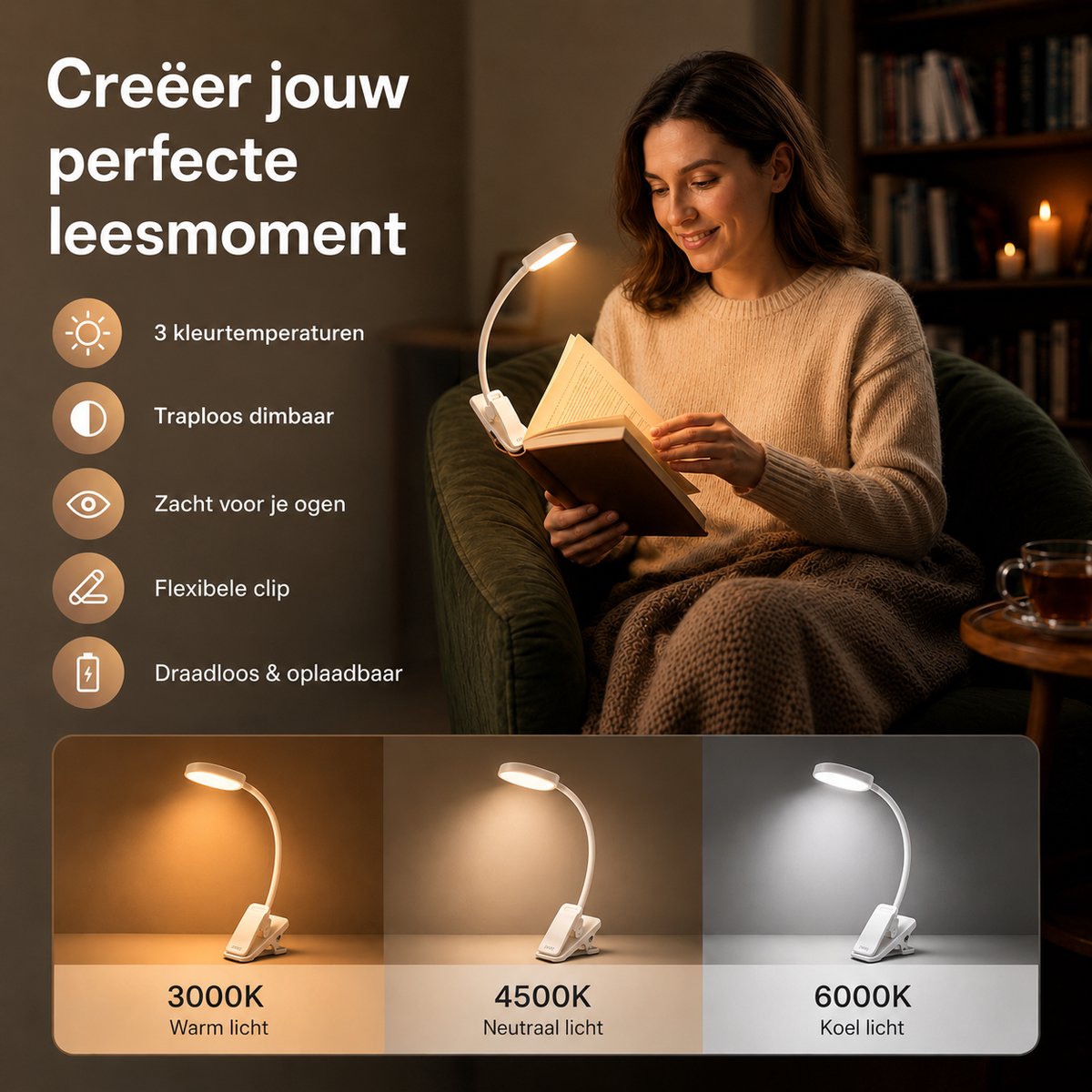BOTC LED Leeslampje voor boek - 3 Lichtstanden & Oplaadbaar - Boeklampje - Klemlamp - Verstelbaar - USB Oplaadbaar - Wit — cadeau in Gadgets - foto 7