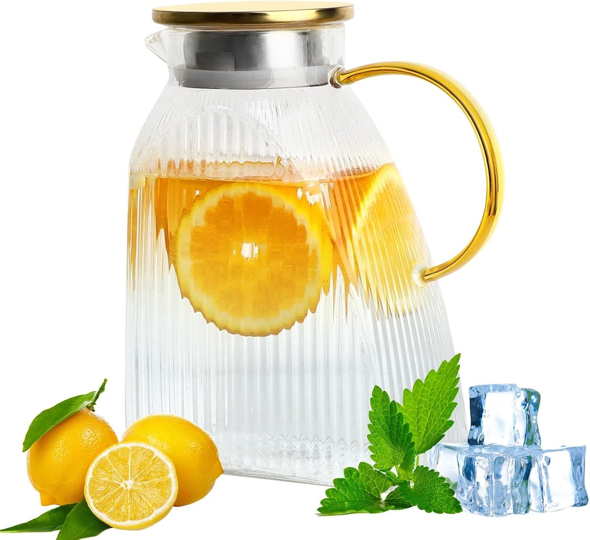 Glazen waterkan 1500 ml met verticaal ribbelpatroon, gouden handvat en deksel, hittebestendige schenkkan voor water, thee en limonade