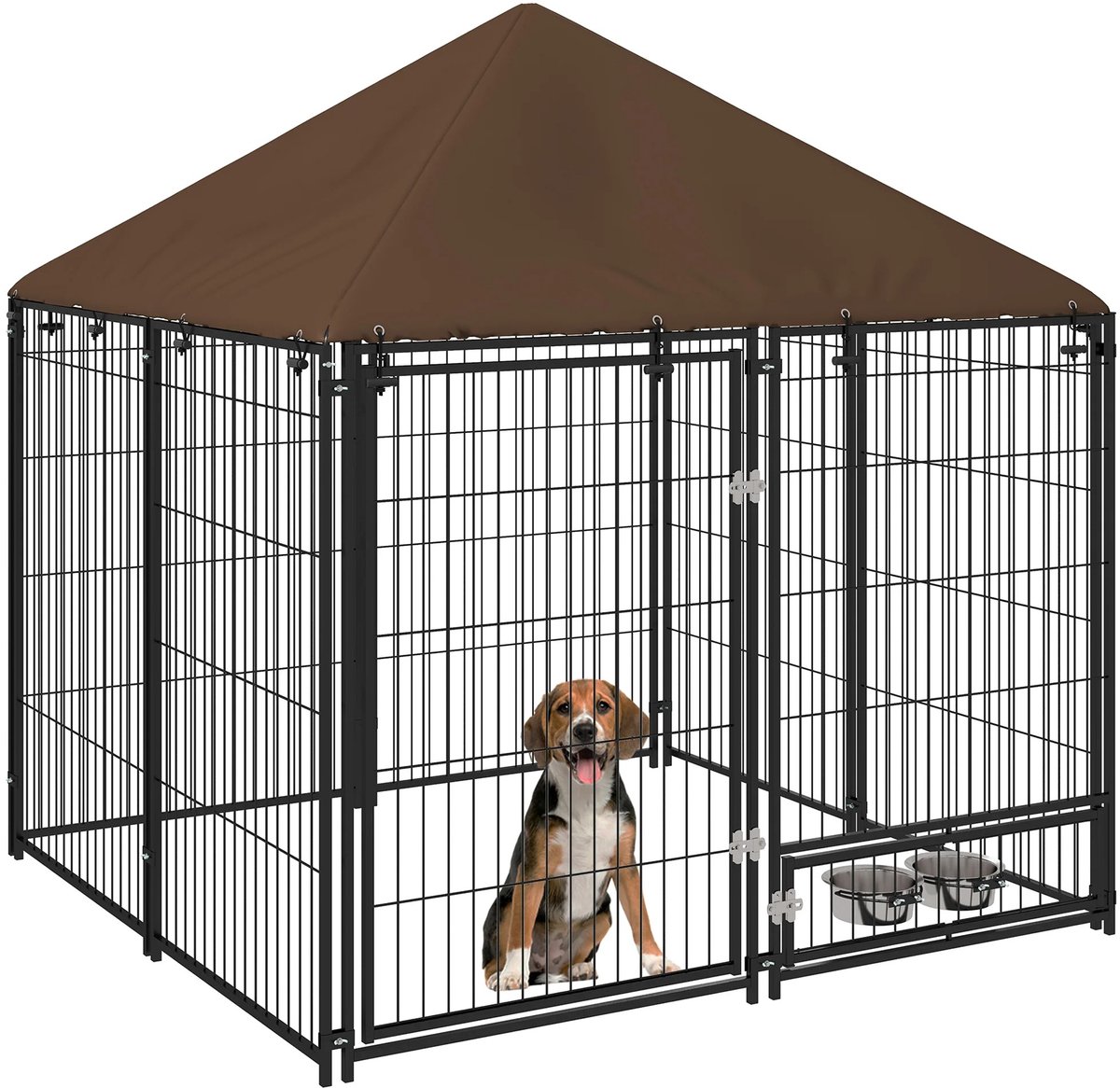VILIMA - Hondenren - Buitenkennel hond - Stevige hondenren - Waterafstotende luifel - Incl. roterende voerbakjes - Met deur - 141X141X151 cm - Zwart