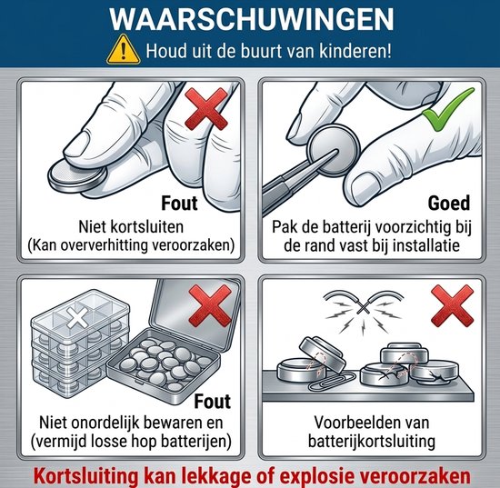 Waarschuwingen: Houd uit de buurt van kinderen! Fouten: Niet kortsluiten, niet onordelijk bewaren. Voorbeelden van kortsluiting.
