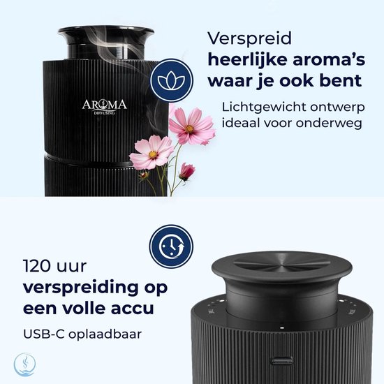 Zwarte, geribbelde Aroma diffuser met bloemen, die heerlijke aroma's verspreidt. Lichtgewicht en ideaal voor onderweg.