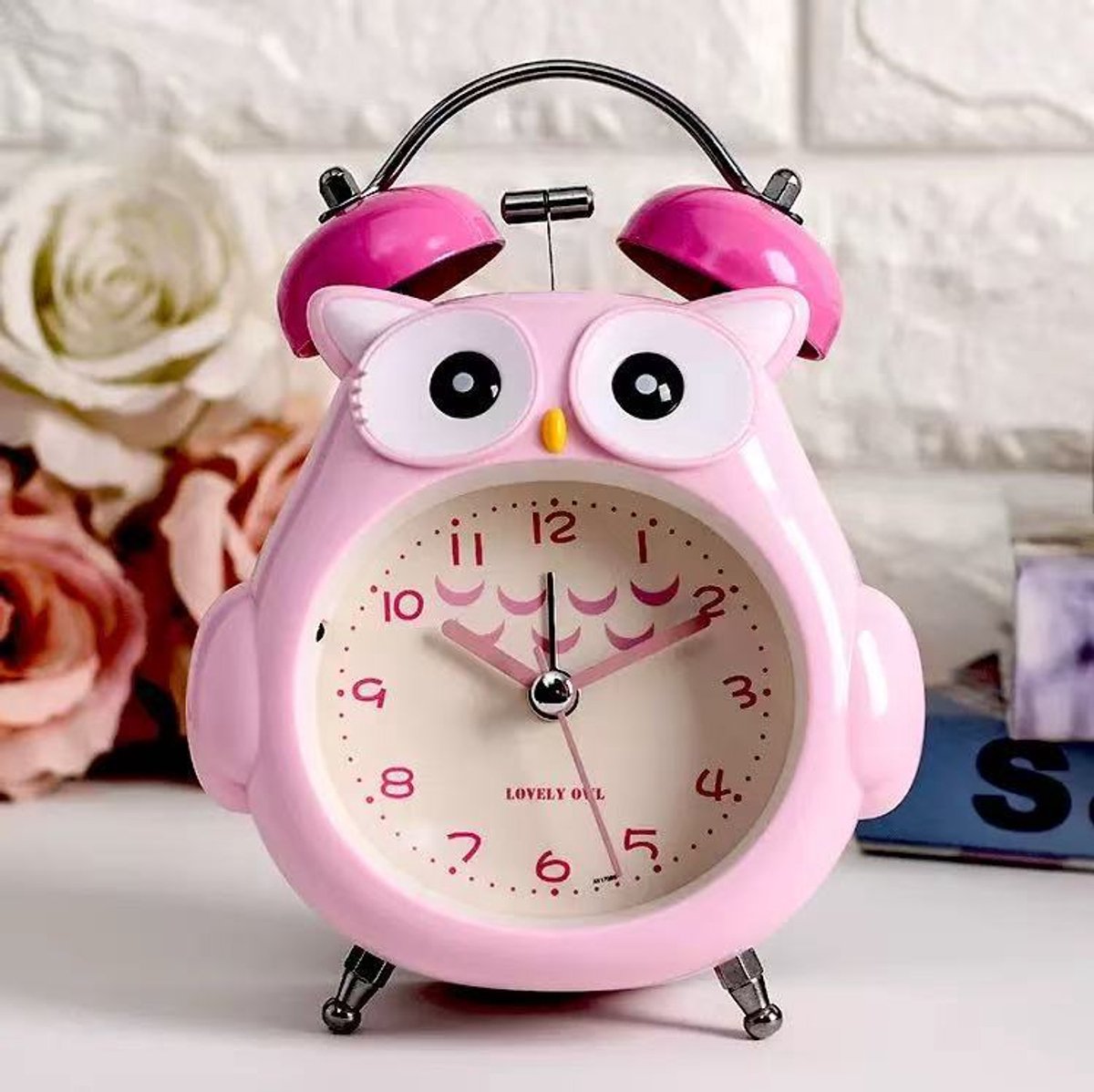 Schattige uil wekker voor kinderen - Stille quartz wekker met nachtlampje en belgeluid -Roze