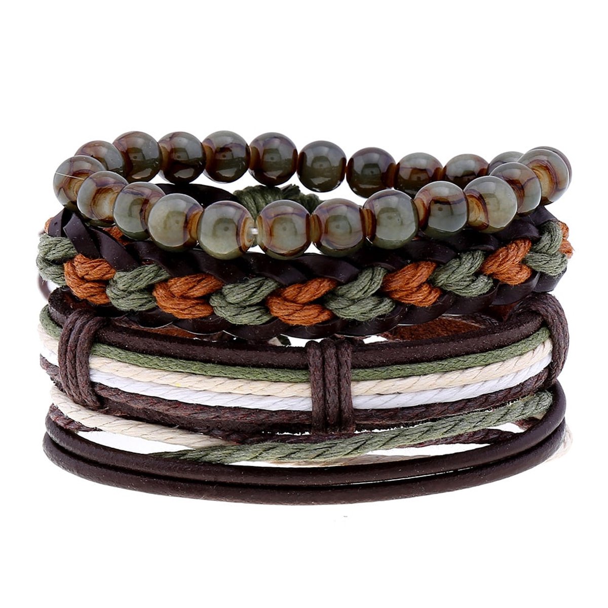 Heren Armbandenset Bruin Groen – Kralen & Gevlochten Armbanden – Verstelbare Schuifknoop –Set Surferarmbanden