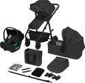 Zwarte kinderwagen met reiswieg, autostoel, buggy-inzet, tas, regenhoes en ISOFIX-basis.
