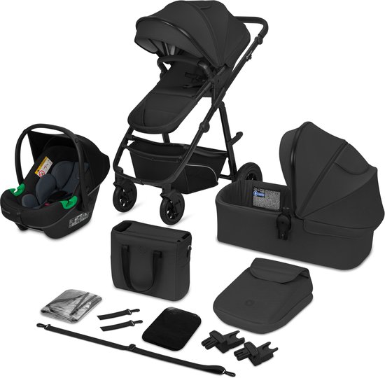 Zwarte kinderwagen met reiswieg, autostoel, buggy-inzet, tas, regenhoes en ISOFIX-basis.