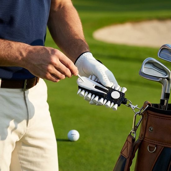 Zwarte golf tee houder set met witte golf tees – golf tees organizer – inclusief 12 golf tees, pitchfork, bal marker, potlood en draagclip – golf accessoires — afbeelding 3