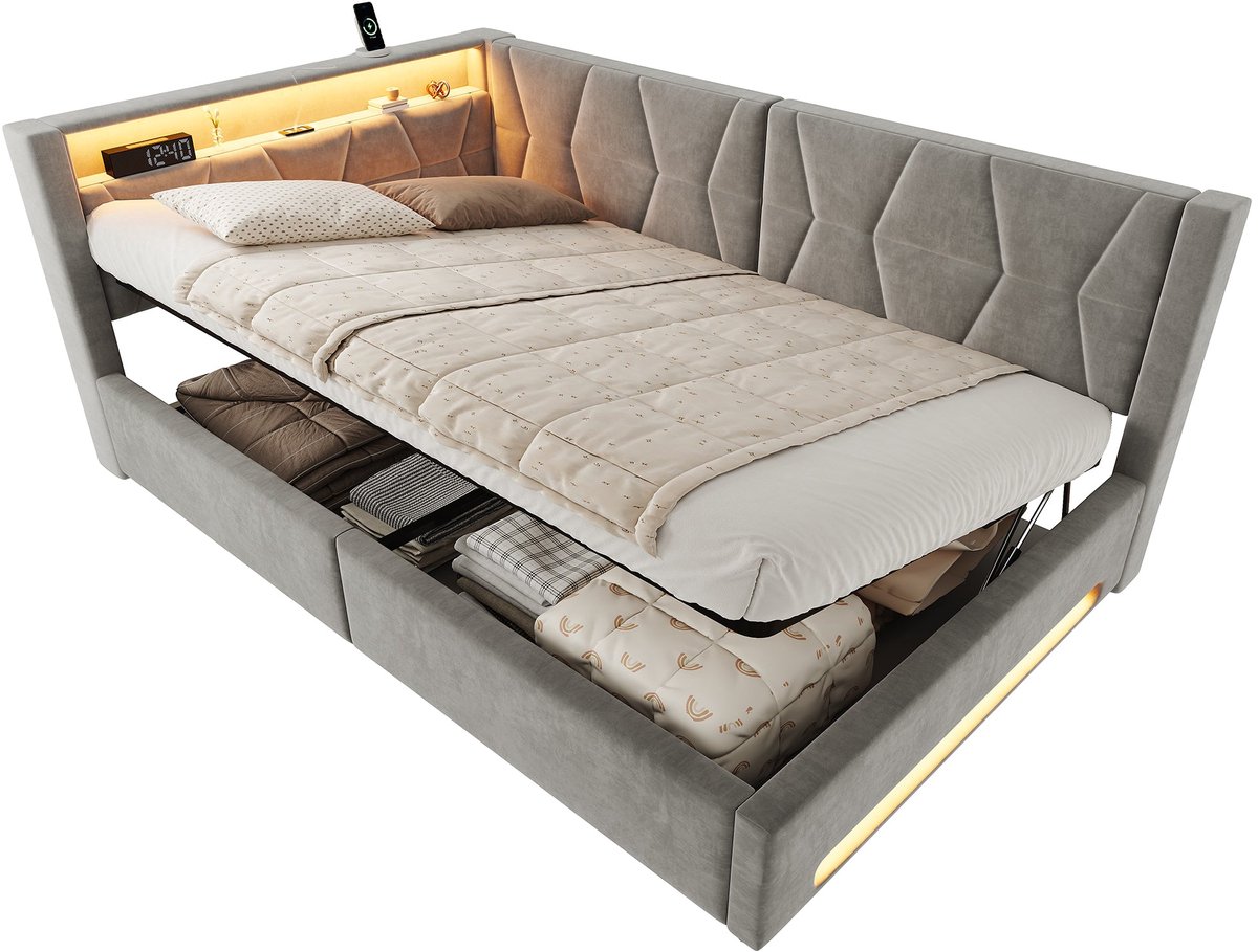 Merax Gestoffeerd Bed 140x200 cm - Fluweel - Hydraulische Opbergruimte - LED Verlichting - USB En USB-C - Donkergrijs