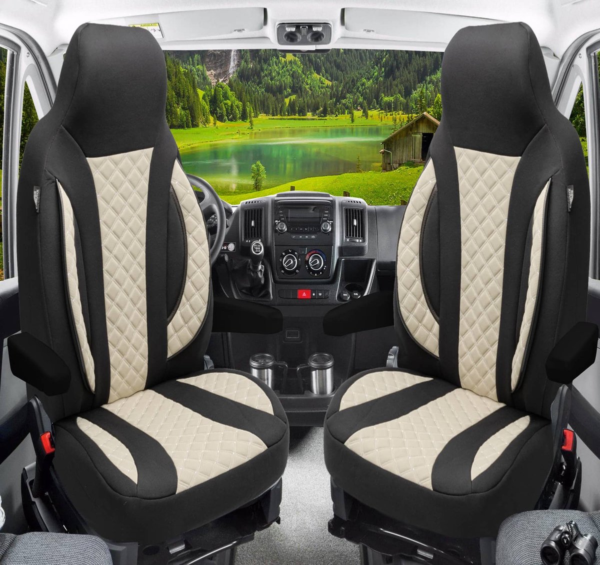 Premium Camper stoelhoezen voor Frankia WPL410 in Zwart/Beige (2 losse stoelen)
