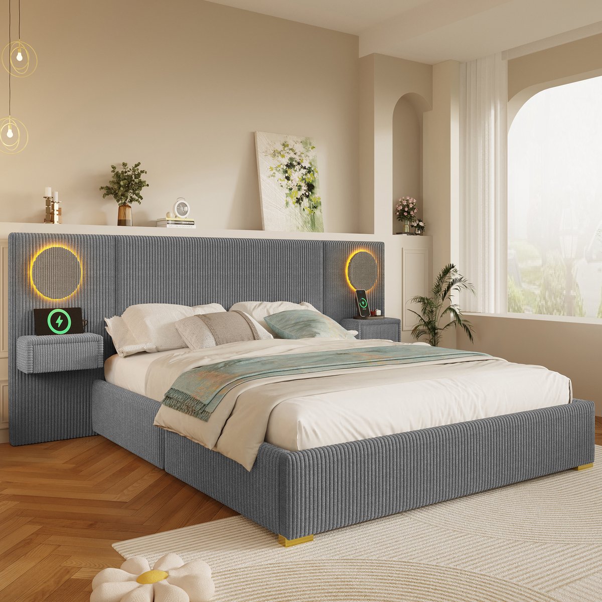 STILVORA Gestoffeerd bed 180x200 cm – LED-kopstuk met USB-aansluitingen – Opbergruimte met nachtkastladen – Tweepersoons – Grijs – Zonder matras