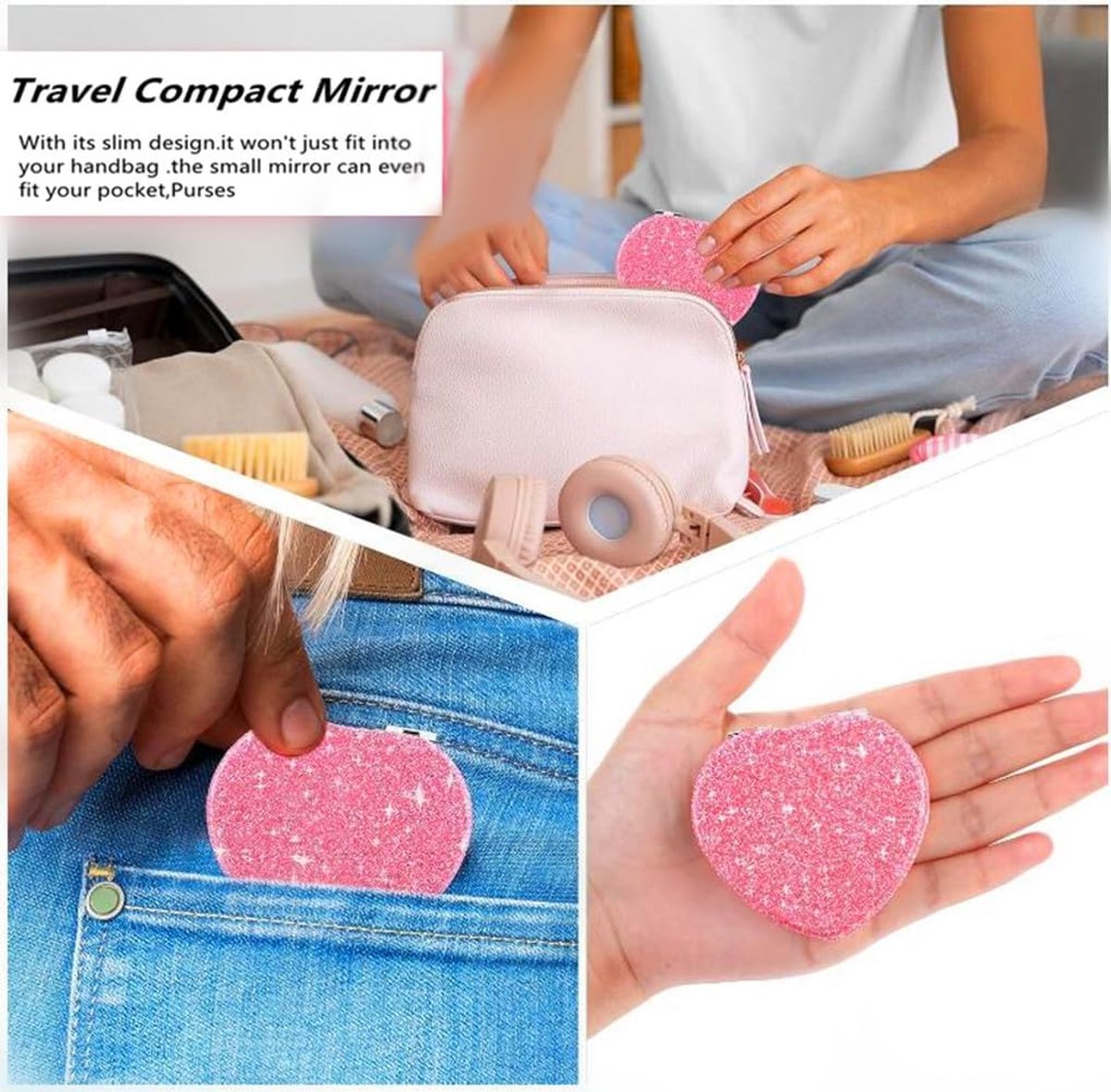 2 stuks - roze liefde - make-up spiegel - pu vouwbare dubbele spiegel