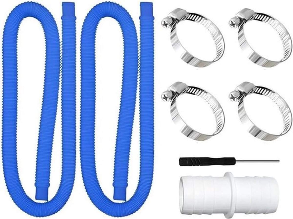 Zwembadslang van 32 mm, twee zwembadpompslangen van 150 cm met één slangkoppeling en vier veiligheidsclips, geschikt voor filterpompen en zwembaden - blauw