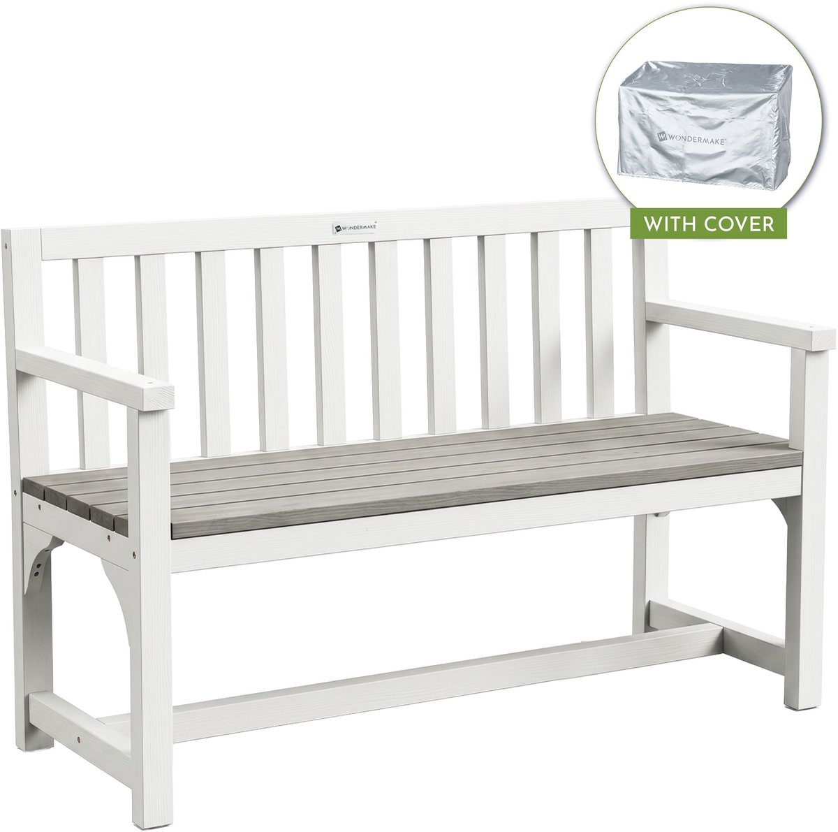 WONDERMAKE® Weerbestendige houten tuinbank met hoes, moderne 2-zits houten bank, massief houten tuinbank, natuurlijk hout, wit/grijs