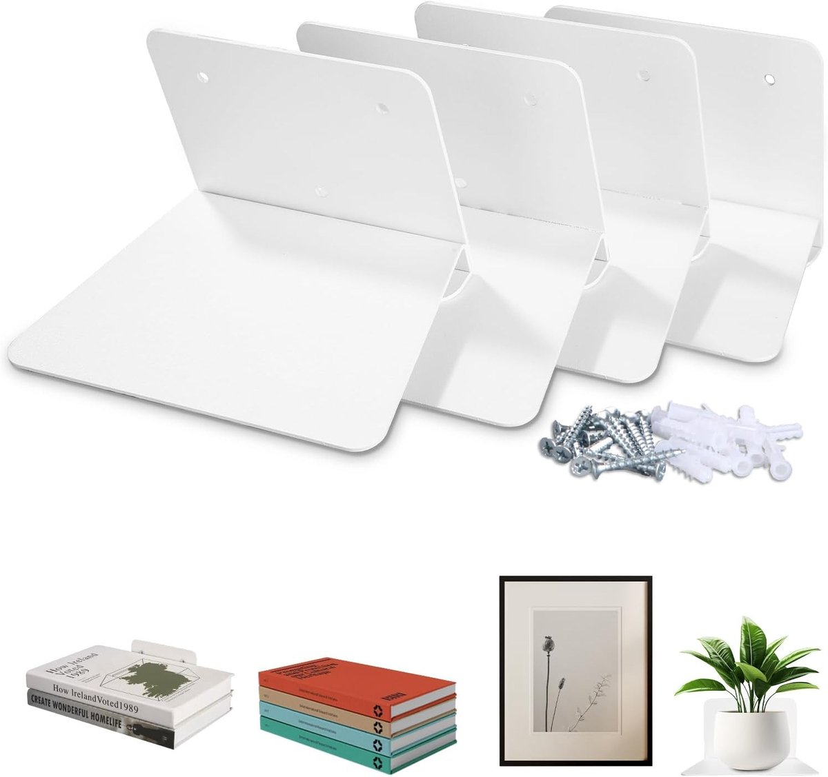 Verticale onzichtbare boekenkast - Wit - Set van 4 planken - Stalen zwevend wandrek - Voor woonkamer en kantoor