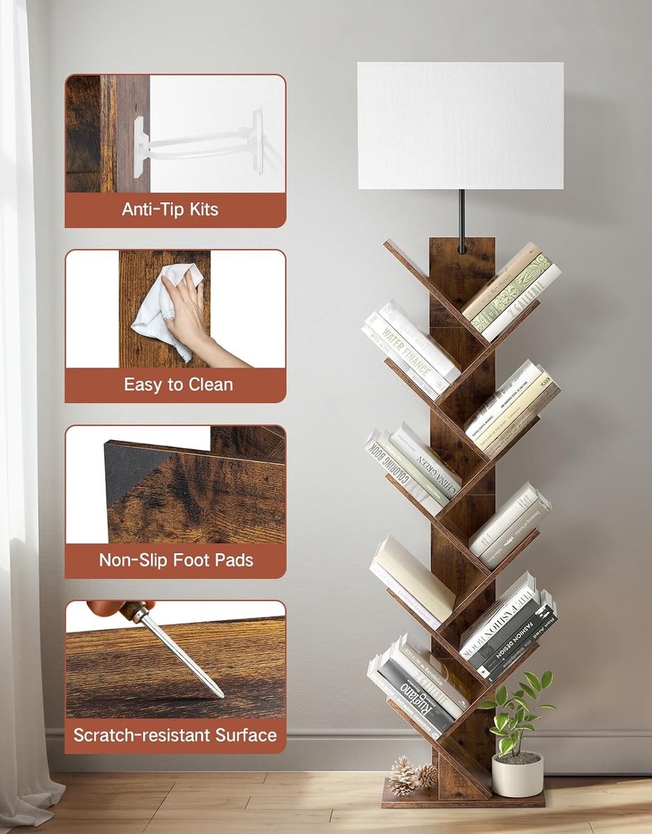Verticale onzichtbare boekenkast - Rustic Brown - 152 x 34 x 17 cm - Houten Smal Staand Rek met Licht - Voor Woonkamer en Kinderkamer