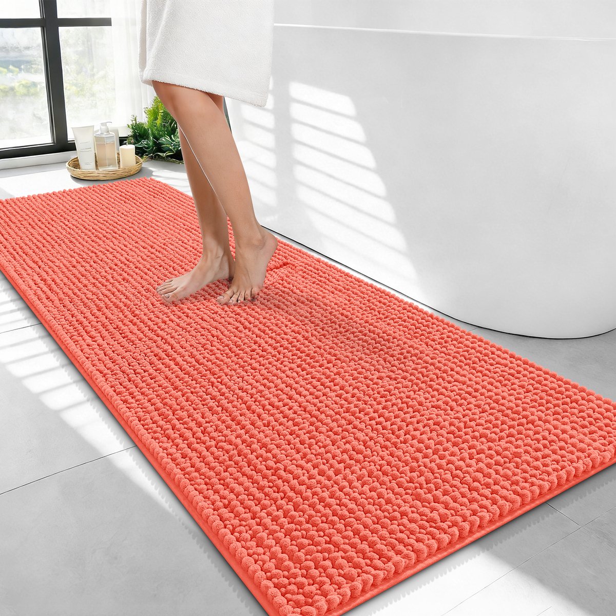 Olanly Badmat Antislip – Chenille Douchemat – Badmat Badkamer – Super Absorberend Deuropmat – Koraaloranje – 61X120cm