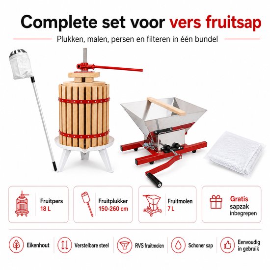HOME It® Fruitpers Set 18 L - Eikenhout Appelpers met Fruitmolen 7 L, Telescopische Fruitplukker 150-260 cm & Gratis Sapzak - Voor Sap & Cider van home-it — afbeelding 3