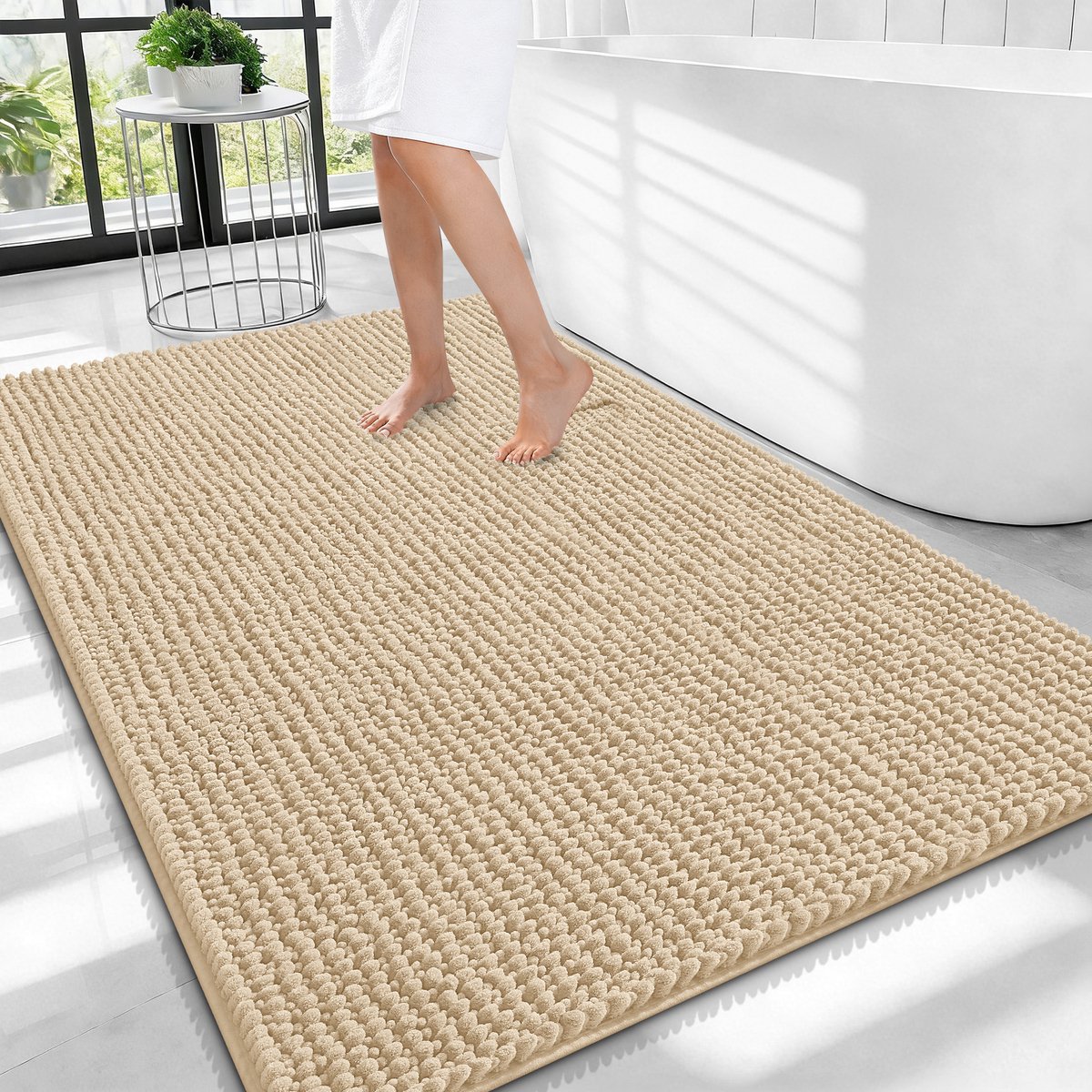 Olanly Badmat Antislip – Chenille Douchemat – Badmat Badkamer – Super Absorberend Deuropmat – Beige – 82X102cm