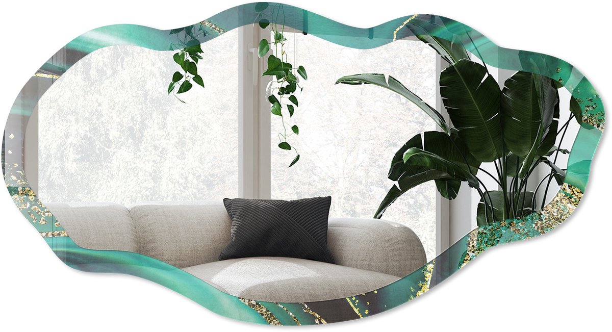 Wallfluent Groene Abstractie Spiegel - Groen Elegante Rechthoekige Wandspiegel - Organische Spiegel - Woonkamer, Kantoor, Slaapkamer - Abstract - 45x90 cm - Totale afmeting 52x97 cm