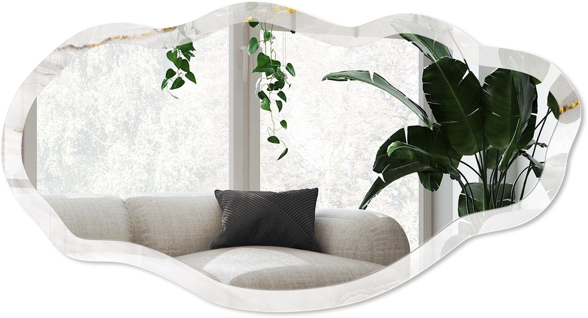 Wallfluent Marmeren Elegantie Spiegel - Wit Rechthoekige Spiegel Met Modern Design - Organische Spiegel - Badkamer, Woonkamer, Keuken - Minimalistisch - 45x90 cm - Totale afmeting 52x97 cm