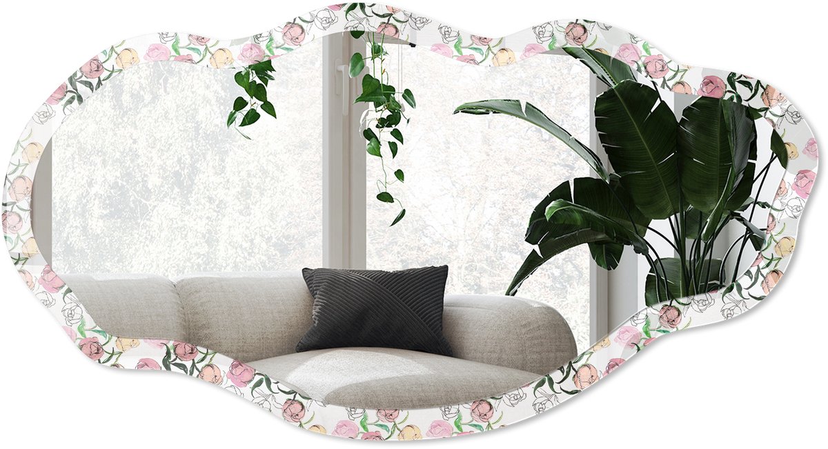 Wallfluent Bloemenpatroon Spiegel - Roze Rechthoekige Spiegel Met Modern Design - Organische Spiegel - Slaapkamer, Woonkamer, Kledingkast - Aquarel - 45x90 cm - Totale afmeting 52x97 cm