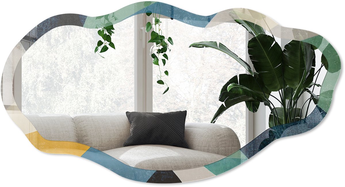 Wallfluent Abstracte Golven Spiegel - Blauw Rechthoekige Spiegel Voor Interieur - Organische Spiegel - Woonkamer, Kantoor, Slaapkamer - Abstract - 45x90 cm - Totale afmeting 52x97 cm