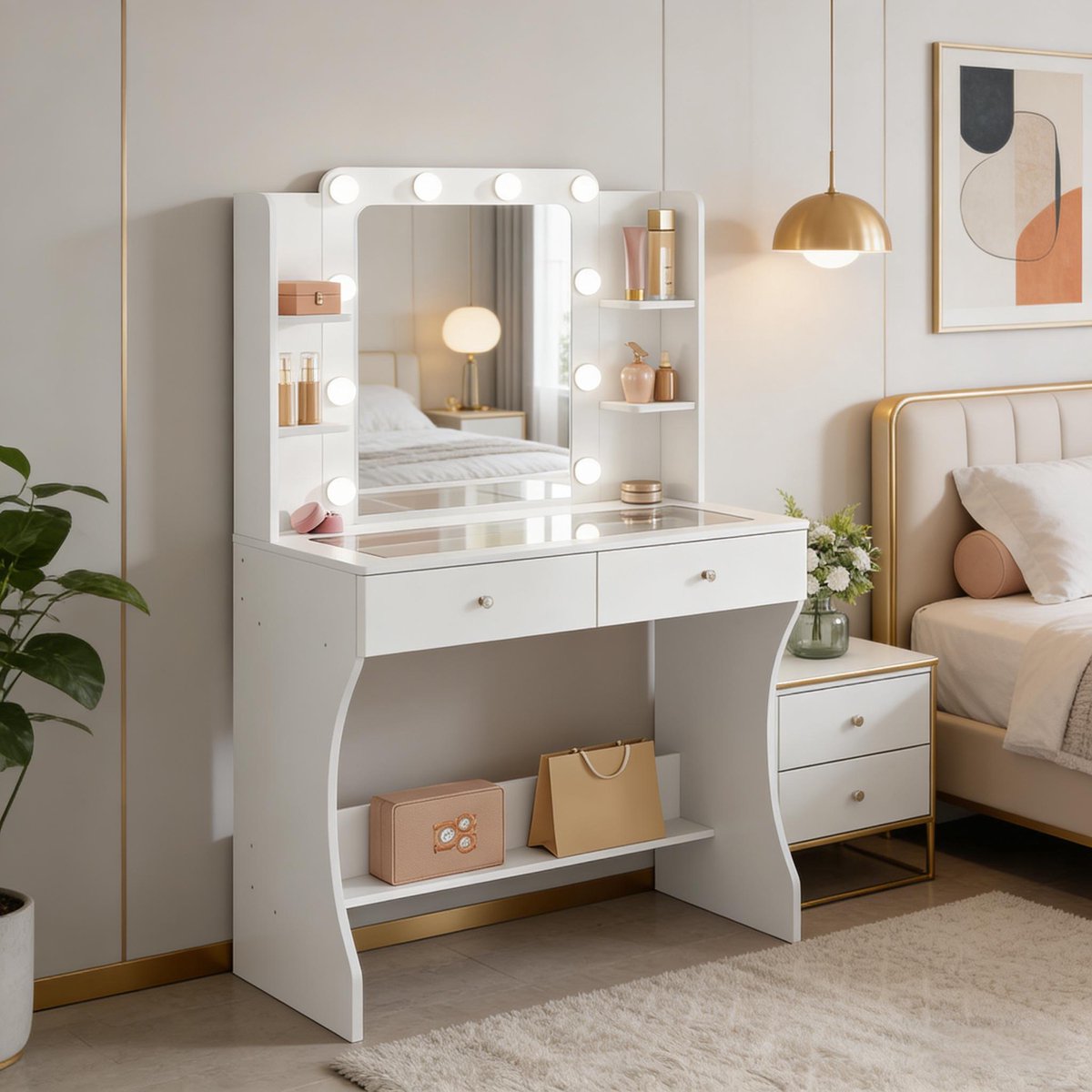 Wishdor Kaptafel met led-spiegel - Modern - Glazen tafelblad - 4 open vakken en 2 lades - Opbergruimte voor make-up - Wit - 80 x 135 x 38 cm