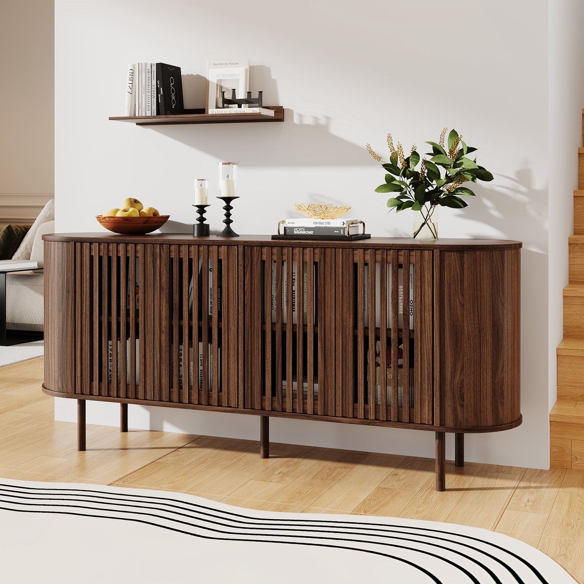 STILVORA Dressoir - Met Vier Schuifdeuren En Verstelbare Planken - Voor Woonkamer, Eetkamer En Hal - MDF En Metaal - 160x40x70 Cm - Walnoot