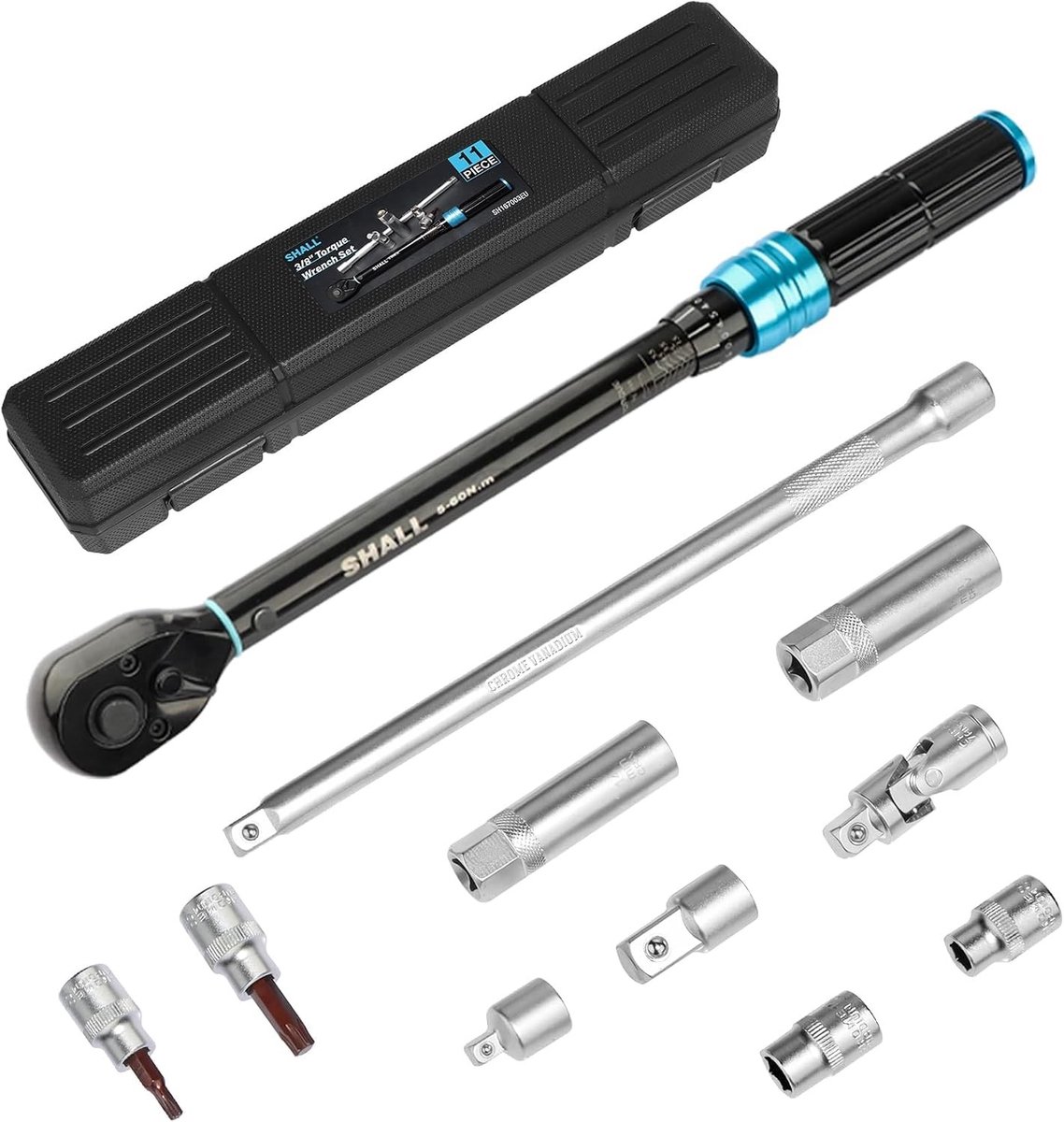 Momentsleutel voor auto - 11-delige 3/8 inch set - Verstelbaar 5-60 Nm - Inclusief adapters en opbergdoos - Voor auto-, fiets- en motoronderhoud