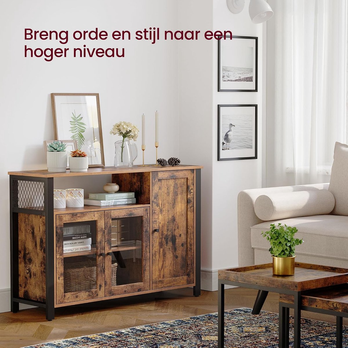 VASAGLE dressoir, keukenkast, met 3 deuren, 110 x 33 x 75 cm | Opbergkast, industriële stijl, voor woonkamer, keuken, eetkamer, vintage bruinzwart
