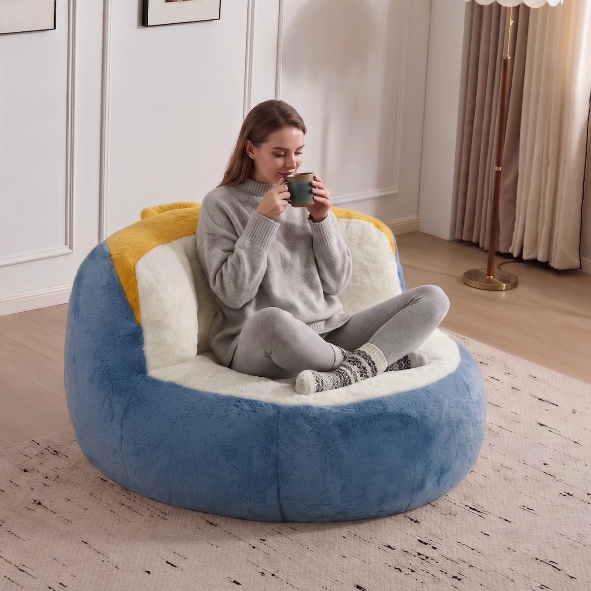 MIVRAY Zitzak Stoel 106 x 110 x 77 cm Comfortabele Loungestoel Met Rugleuning En Handgreep Voor Woonkamer En Slaapkamer Imitatiebont Multicolor