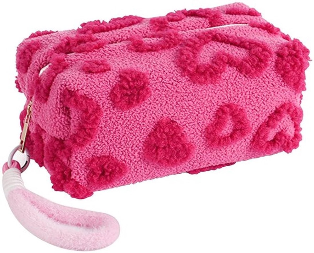 Make-uptas Pluche met hartpatroon - Toilettas Dames - Make-uptas met Ritssluiting - Make-uptas met Handvat - Reiscadeau - Zacht en Warm
