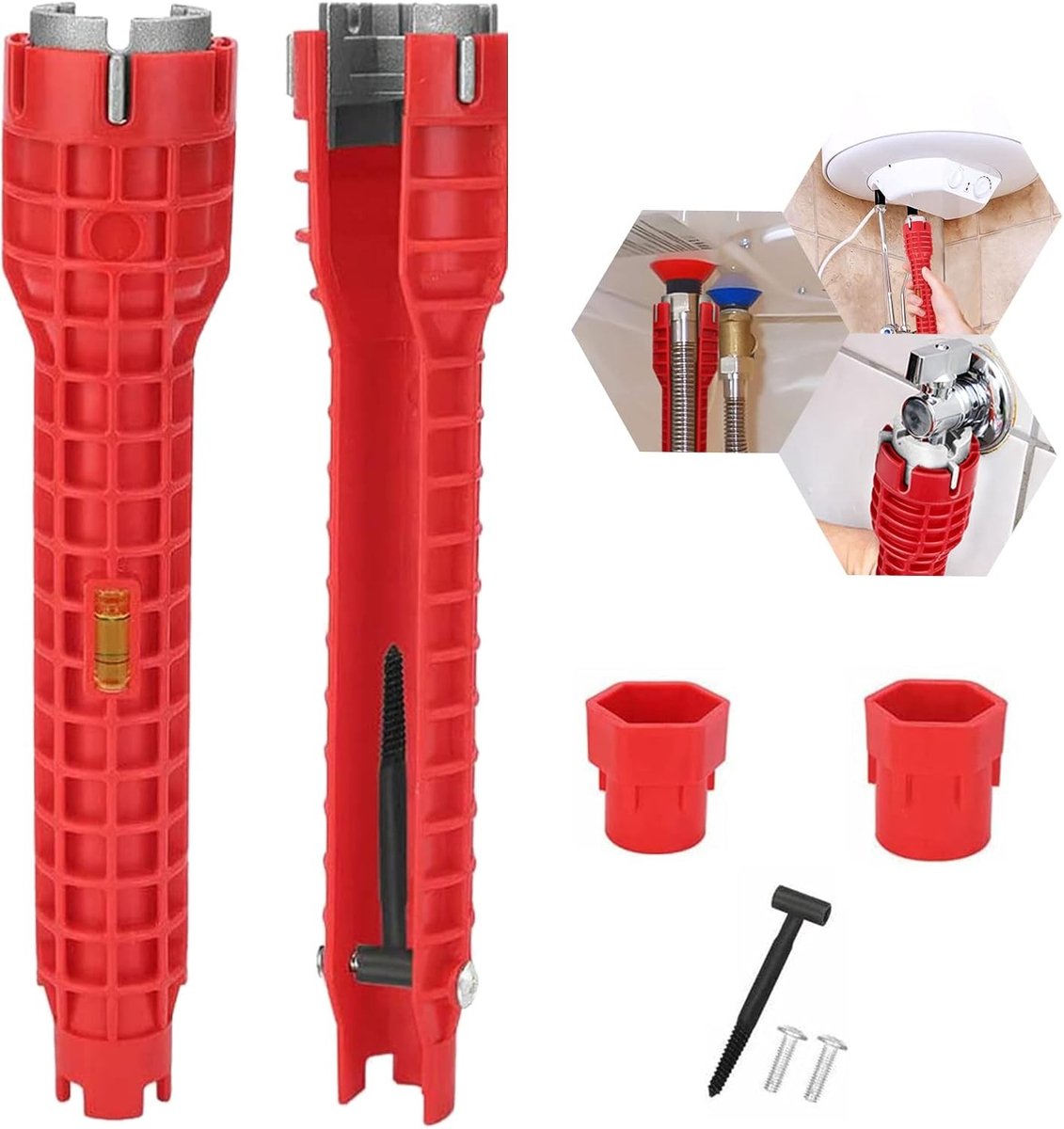 Kraan Sleutel - Sanitair Gereedschap - Reparatie Spoelbak - 8-in-1 Ontwerp - 25 cm Lengte - Rood