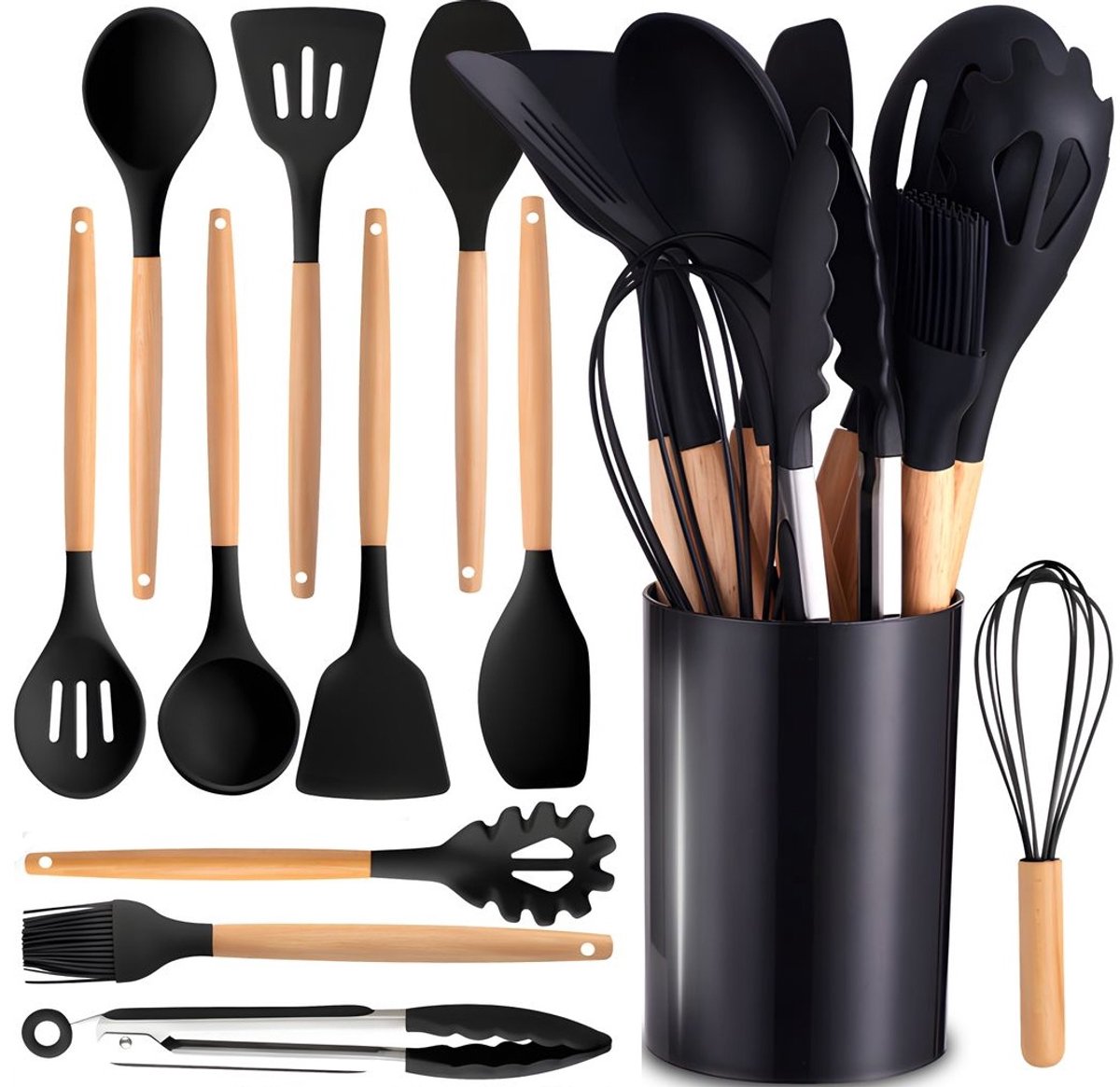Siliconen Keukengerei Set 12-delig – Kookgerei met Houder – Keukenhulpen voor Koken & Bakken – Zwart