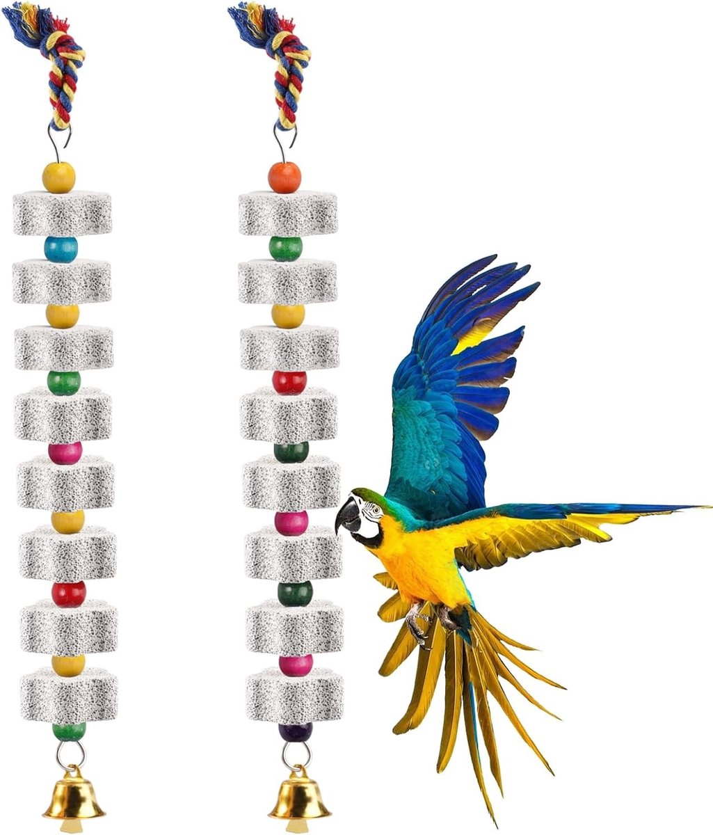 Vogelharnas voor huisdieren - Kleurrijk - 35 cm - Minerale Calciumsteen Kauwspeelgoed met Bel - Voor Papegaaien en Parkieten