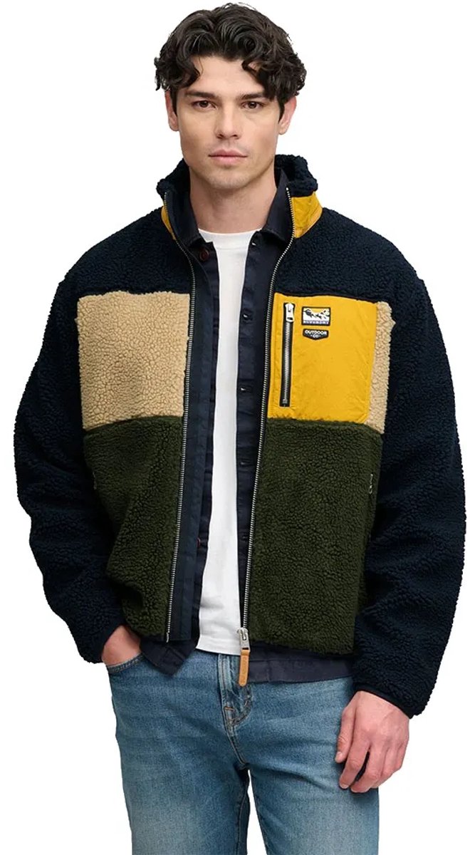 Superdry Colour Block Retro Zip Fleece Heren Hoodies Marineblauw