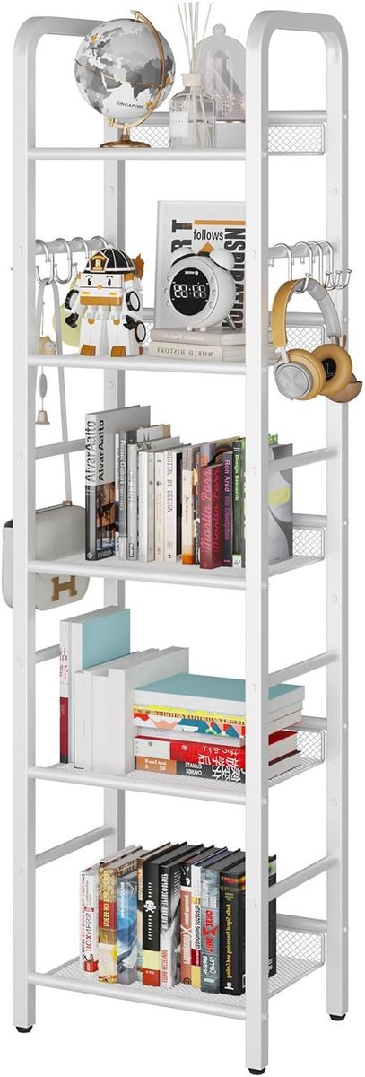 Home & Beyond® Opbergrek - Staand Rek met 5 Planken - Metalen Boekenrek met 8 S-haken - Wit - 36x27x146 cm