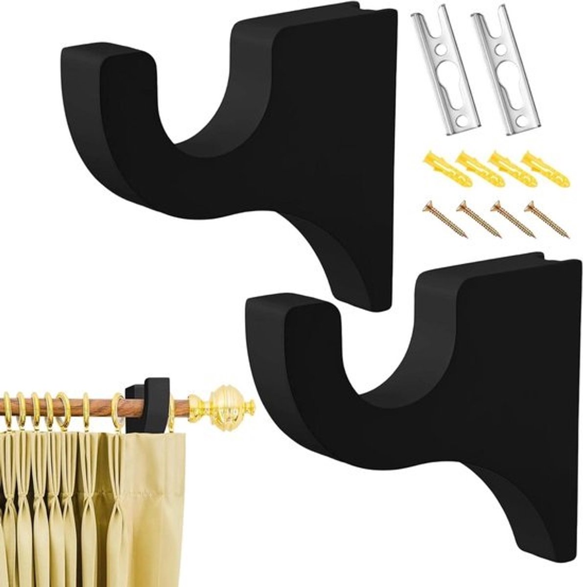Houten Gordijnroede Houder - Gordijnroede Beugels Ophangers - Gordijnen Ophangen - Massief Houten Constructie - 5 cm Diameter - Zwart