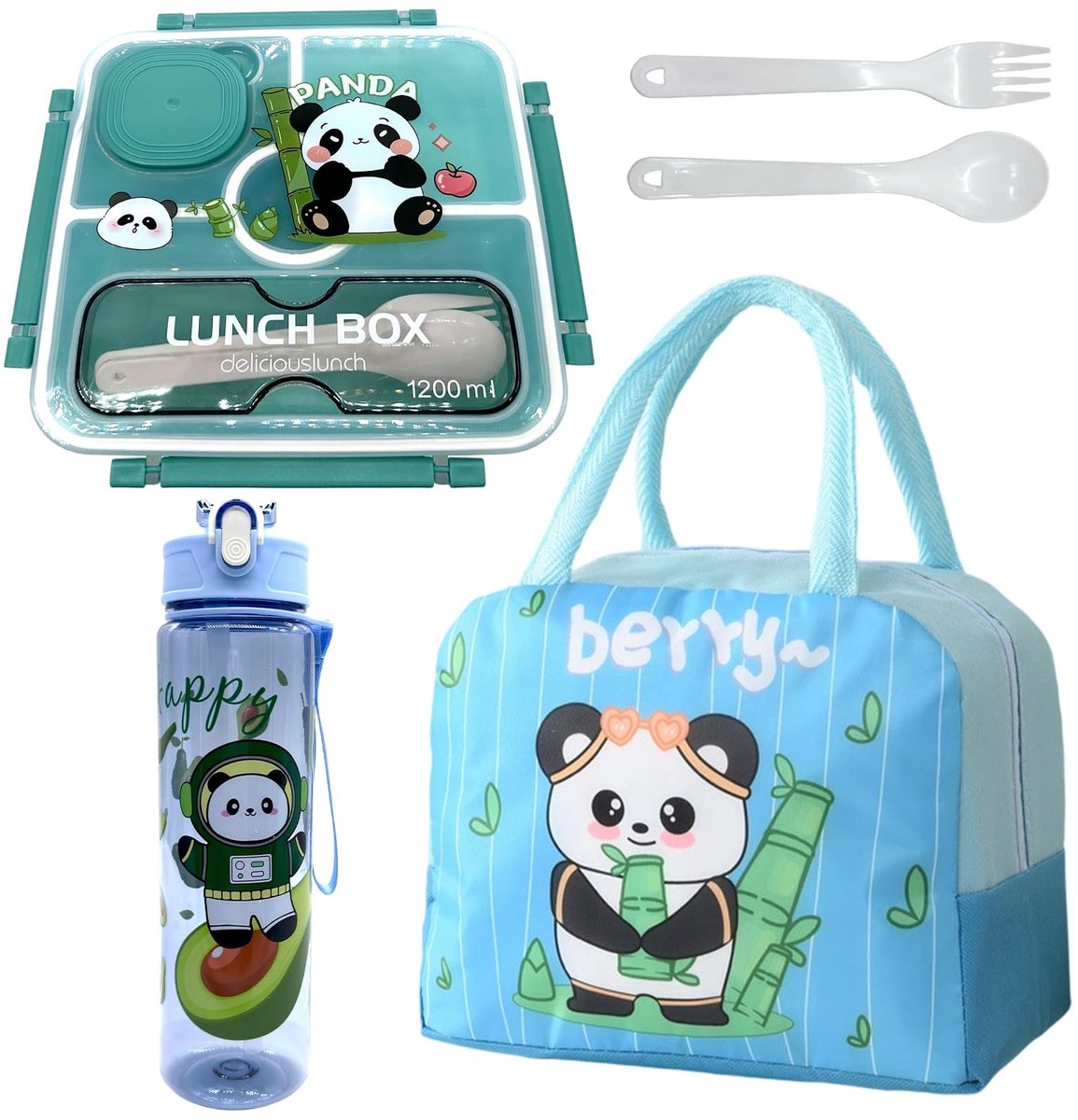 Geïsoleerde lunchtas met bento box en drinkfles - Panda set