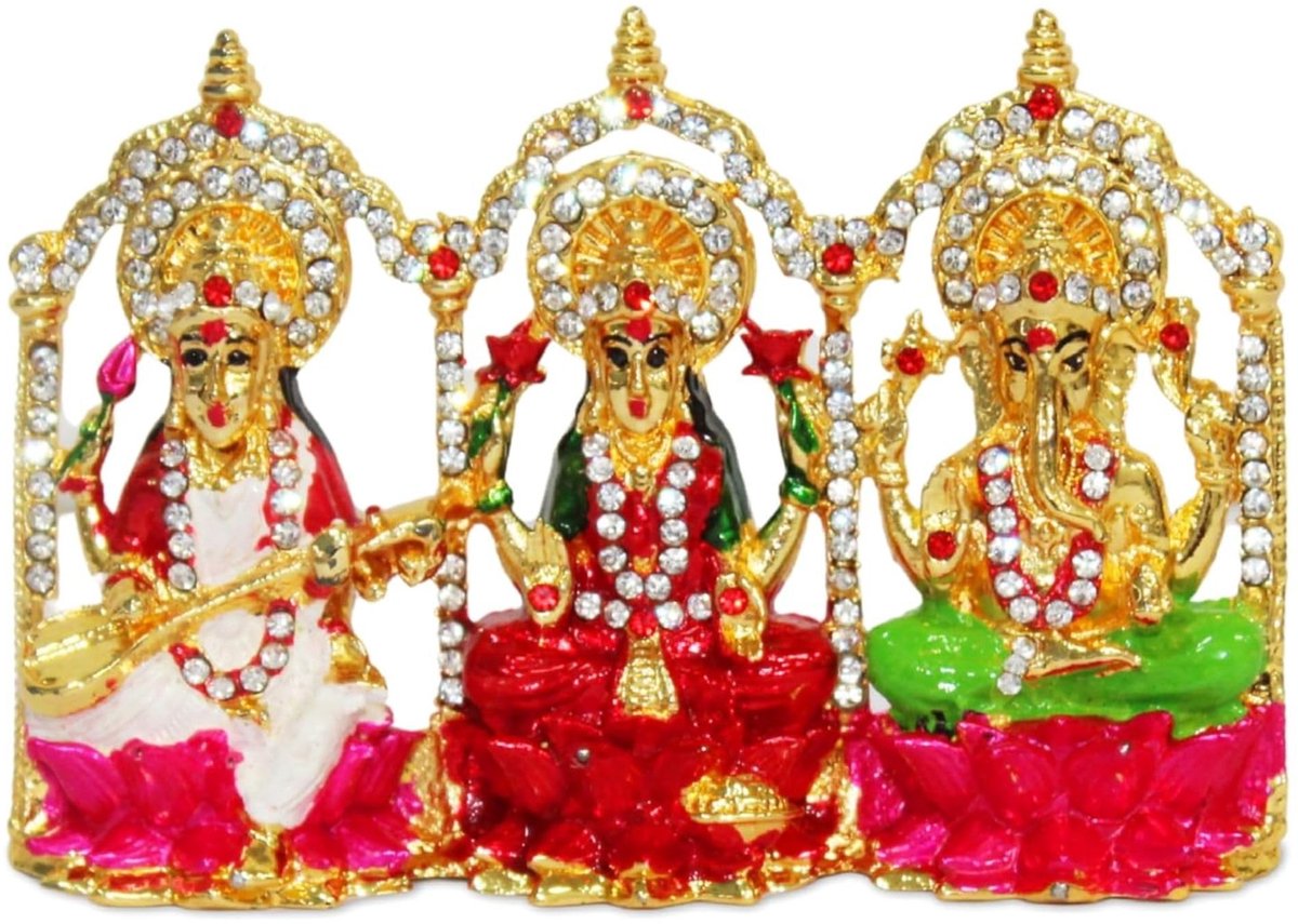 Metaal Beeld Set van Saraswati, Lakshmi en Ganesh - Decoratieve Figurines - Multicolor