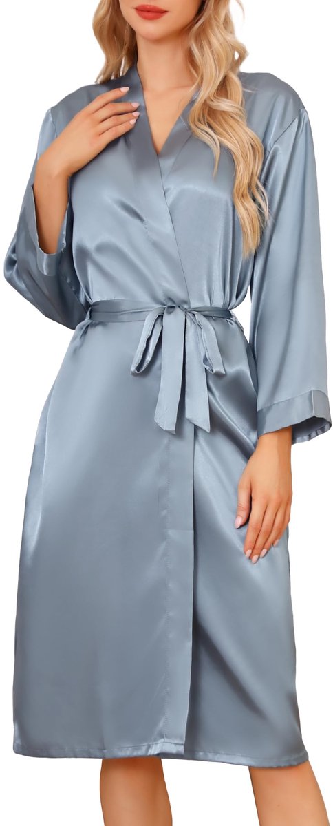 Lange Satin Kimono Badjas voor Dames - V-hals - Kleur: rookgrijs